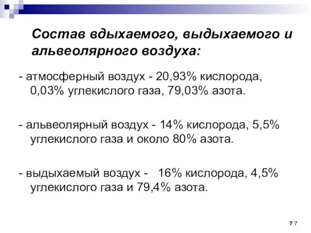 Состав вдыхаемого, выдыхаемого и альвеолярного воздуха: - атмосферный воздух -