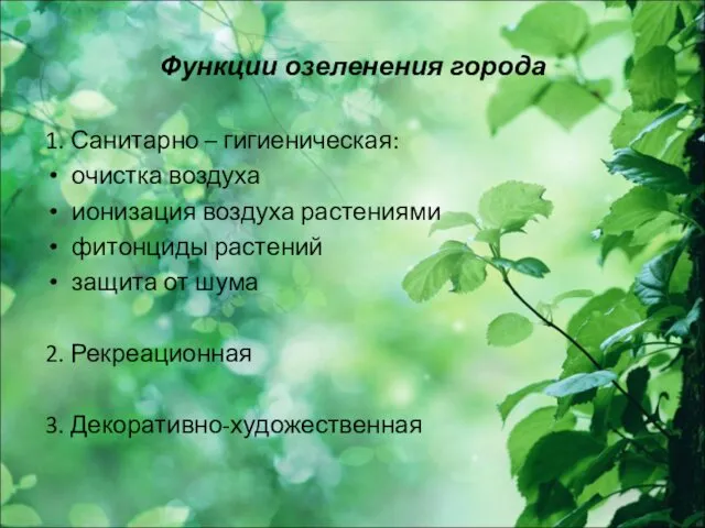 Функции озеленения города 1. Санитарно – гигиеническая: очистка воздуха ионизация
