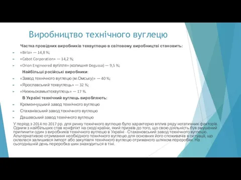 Виробництво технічного вуглецю Частка провідних виробників техвуглецю в світовому виробництві