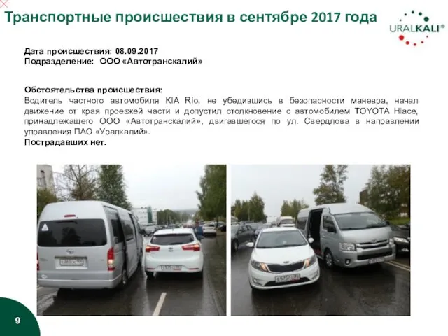 Дата происшествия: 08.09.2017 Подразделение: ООО «Автотранскалий» Обстоятельства происшествия: Водитель частного