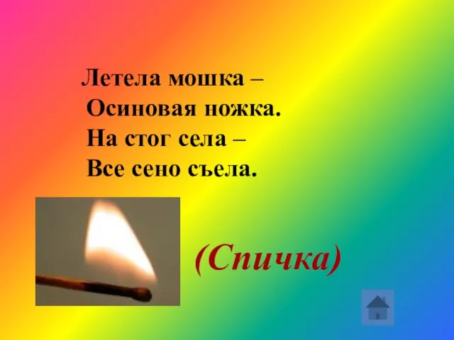 (Спичка) Летела мошка – Осиновая ножка. На стог села – Все сено съела.