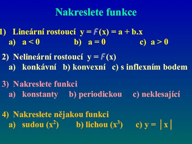 Nakreslete funkce Lineární rostoucí y = F (x) = a