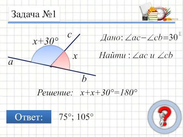 Задача №1 x x+30° Решение: x+x+30°=180° 75°; 105° Ответ: