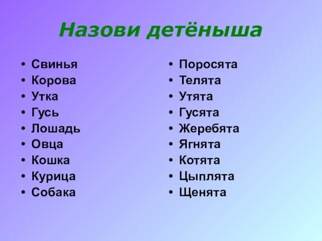 Назови детёныша Свинья Корова Утка Гусь Лошадь Овца Кошка Курица