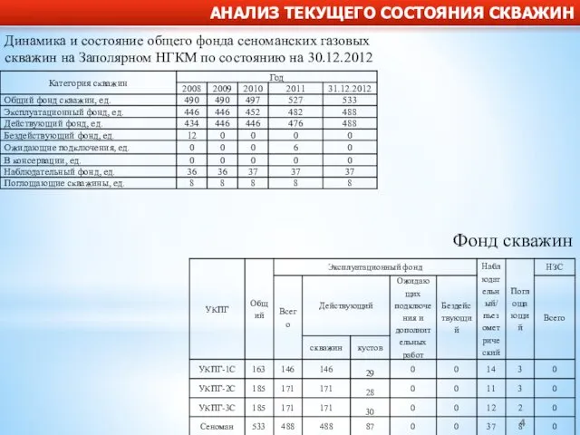 АНАЛИЗ ТЕКУЩЕГО СОСТОЯНИЯ СКВАЖИН Динамика и состояние общего фонда сеноманских