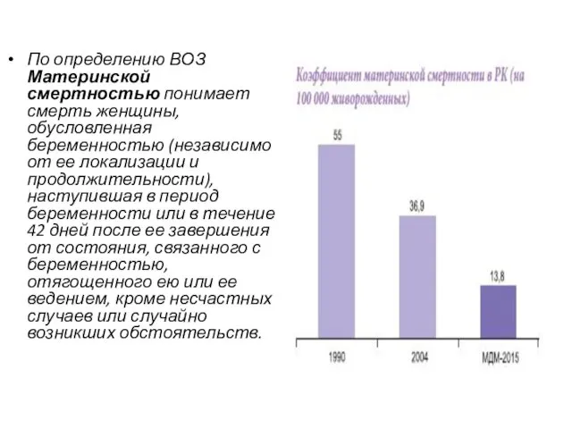 По определению ВОЗ Материнской смертностью понимает смерть женщины, обусловленная беременностью