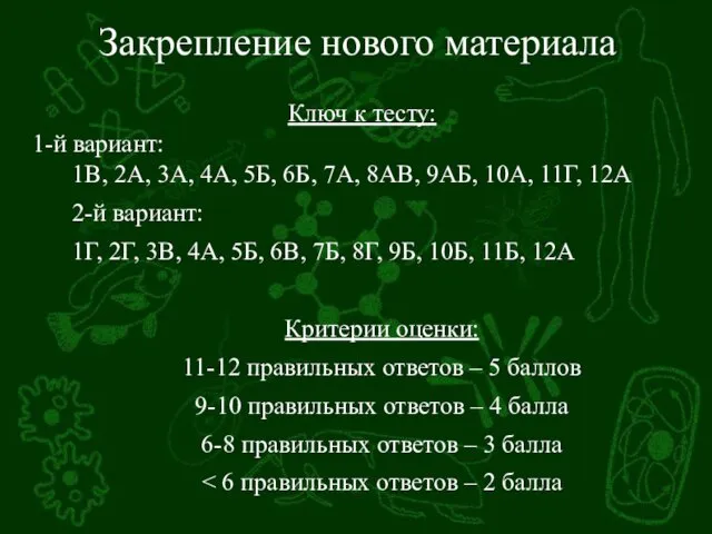 Закрепление нового материала Ключ к тесту: 1-й вариант: 1В, 2А,