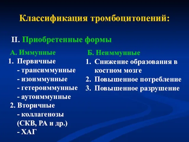 Классификация тромбоцитопений: II. Приобретенные формы А. Иммунные Первичные - трансиммунные