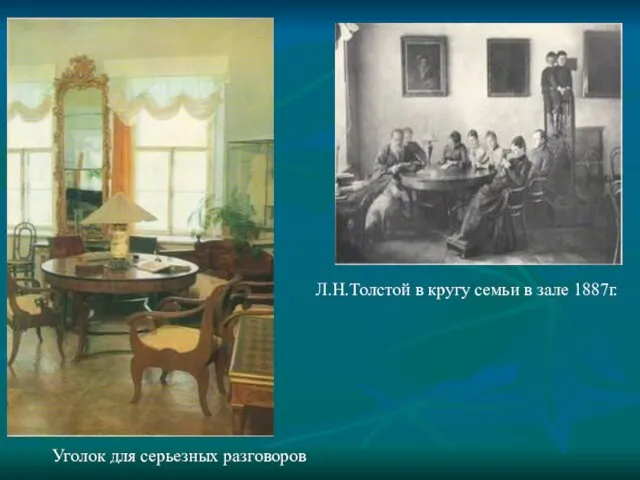 Уголок для серьезных разговоров Л.Н.Толстой в кругу семьи в зале 1887г.