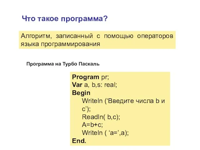 Что такое программа? Алгоритм, записанный с помощью операторов языка программирования