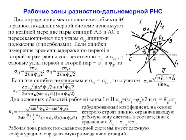 Рабочие зоны разностно-дальномерной РНС Для определения местоположения объекта М в