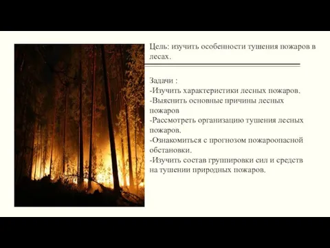 Цель: изучить особенности тушения пожаров в лесах. Задачи : -Изучить
