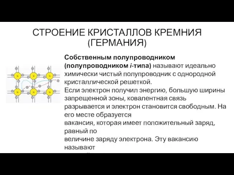 СТРОЕНИЕ КРИСТАЛЛОВ КРЕМНИЯ (ГЕРМАНИЯ) Собственным полупроводником (полупроводником i-типа) называют идеально