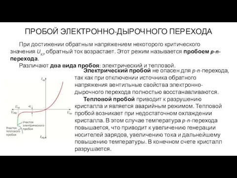 ПРОБОЙ ЭЛЕКТРОННО-ДЫРОЧНОГО ПЕРЕХОДА При достижении обратным напряжением некоторого критического значения