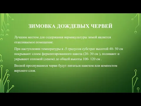 ЗИМОВКА ДОЖДЕВЫХ ЧЕРВЕЙ Лучшим местом для содержания вермикультуры зимой является