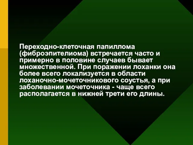 Переходно-клеточная папиллома (фиброэпителиома) встречается часто и примерно в половине случаев