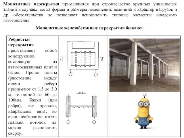 Монолитные перекрытия применяются при строительстве крупных уникальных зданий в случаях,