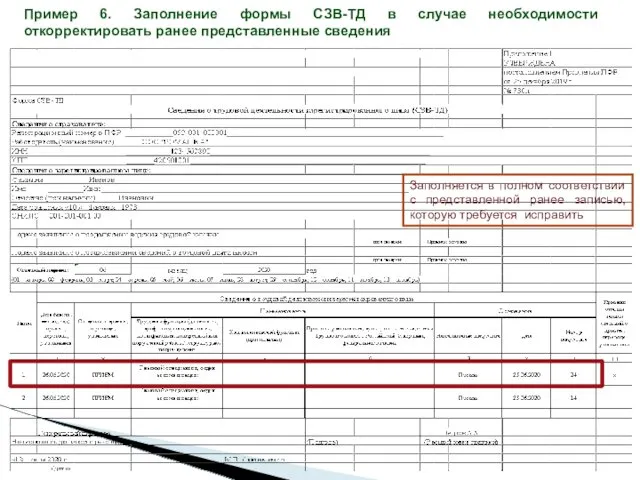 Пример 6. Заполнение формы СЗВ-ТД в случае необходимости откорректировать ранее представленные сведения Заполняется