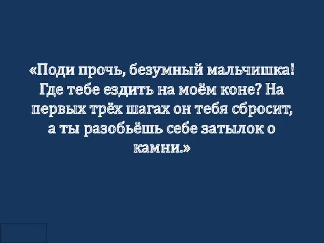 «Поди прочь, безумный мальчишка! Где тебе ездить на моём коне?