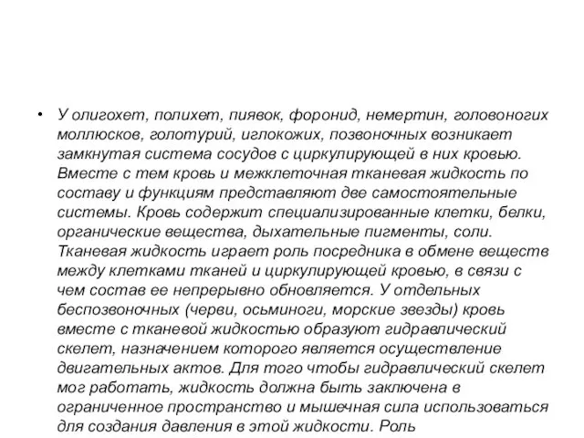 У олигохет, полихет, пиявок, форонид, немертин, головоногих моллюсков, голотурий, иглокожих,