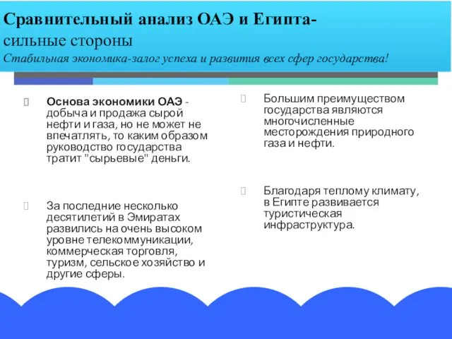 Сравнительный анализ ОАЭ и Египта- сильные стороны Стабильная экономика-залог успеха