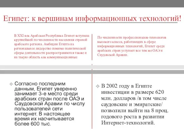 Египет: к вершинам информационных технологий! В XXI век Арабская Республика