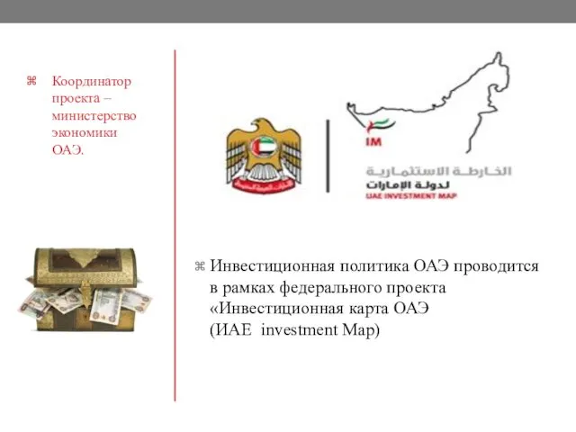 Координатор проекта –министерство экономики ОАЭ. Инвестиционная политика ОАЭ проводится в