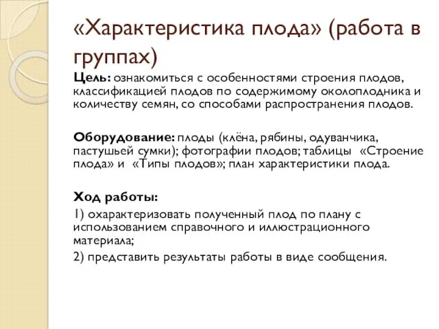 «Характеристика плода» (работа в группах) Цель: ознакомиться с особенностями строения