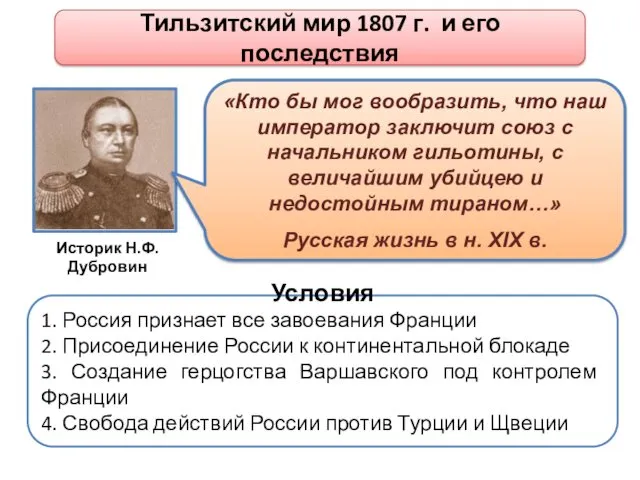Тильзитский мир 1807 г. и его последствия Условия 1. Россия