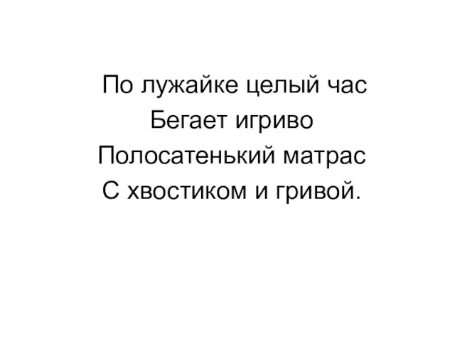 По лужайке целый час Бегает игриво Полосатенький матрас С хвостиком и гривой.