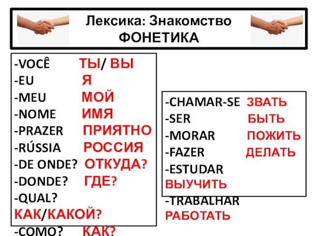 Лексика: Знакомство ФОНЕТИКА -VOCÊ ТЫ/ ВЫ -EU Я -MEU МОЙ