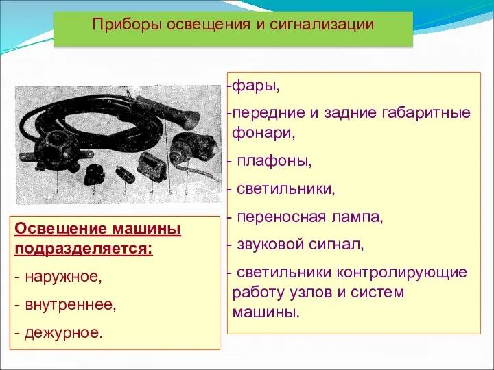 Приборы освещения и сигнализации фары, передние и задние габаритные фонари,