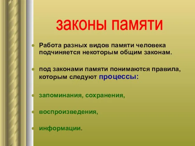 Работа разных видов памяти человека подчиняется некоторым общим законам. под