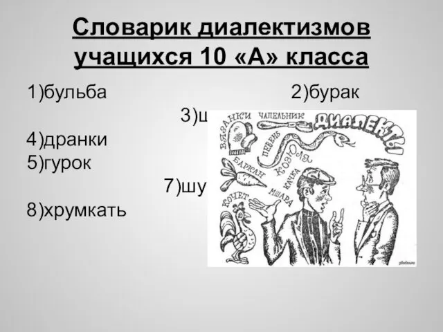 Словарик диалектизмов учащихся 10 «А» класса 1)бульба 2)бурак 3)шкварки 4)дранки 5)гурок 6)юшка 7)шукать 8)хрумкать 9)лупаты