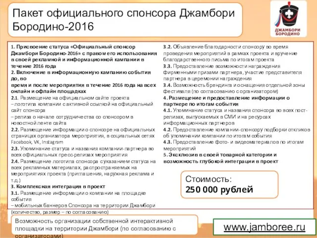 Пакет официального спонсора Джамбори Бородино-2016 www.jamboree.ru Стоимость: 250 000 рублей Возможность организации собственной
