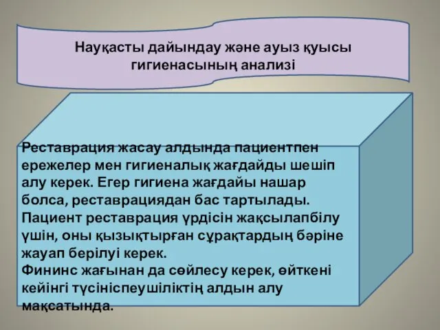 Науқасты дайындау және ауыз қуысы гигиенасының анализі Реставрация жасау алдында