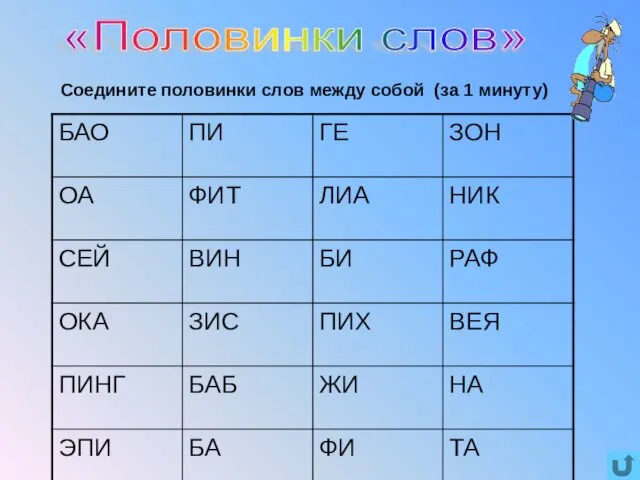 «Половинки слов» Соедините половинки слов между собой (за 1 минуту)