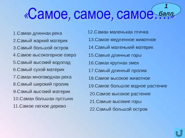 12.Самая маленькая птичка 13.Самое медленное животное 14.Самый маленький материк 15.Самые