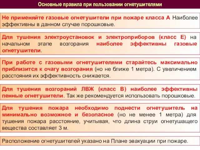 Основные правила при пользовании огнетушителями Для тушения пожара необходимо поднести