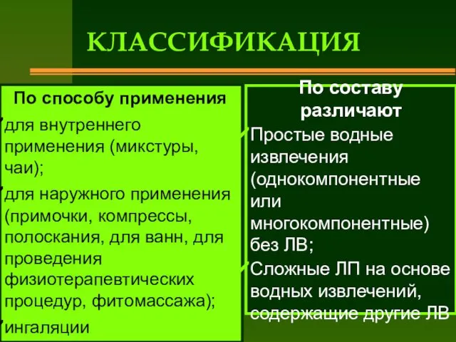 КЛАССИФИКАЦИЯ По способу применения для внутреннего применения (микстуры, чаи); для