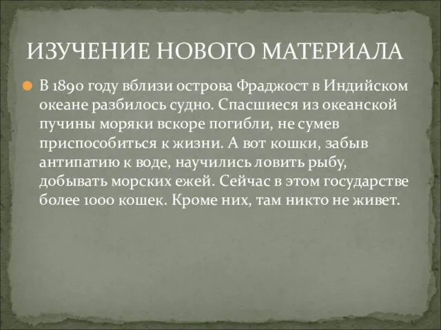 В 1890 году вблизи острова Фраджост в Индийском океане разбилось