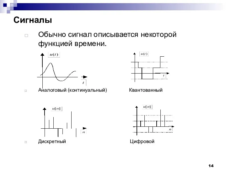 Сигналы Обычно сигнал описывается некоторой функцией времени. Аналоговый (континуальный) Квантованный Дискретный Цифровой