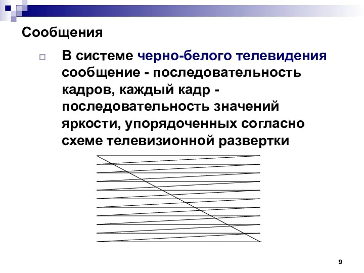 Сообщения В системе черно-белого телевидения сообщение - последовательность кадров, каждый