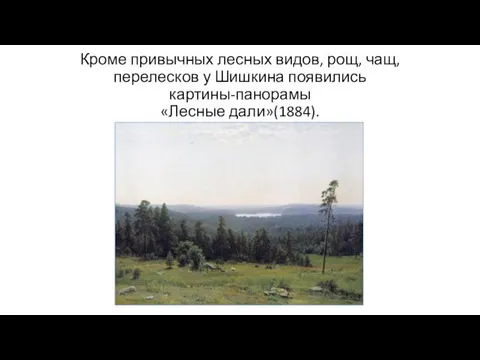 Кроме привычных лесных видов, рощ, чащ, перелесков у Шишкина появились картины-панорамы «Лесные дали»(1884).