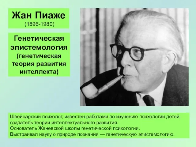 Генетическая эпистемология (генетическая теория развития интеллекта) Жан Пиаже (1896-1980) Швейцарский