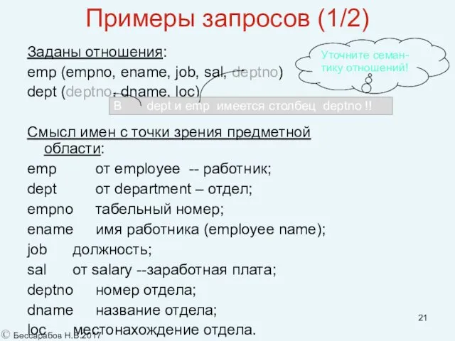 Примеры запросов (1/2)‏ Заданы отношения: emp (empno, ename, job, sal,