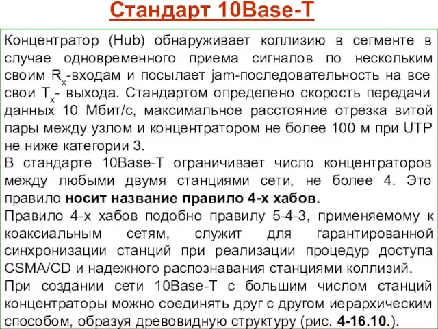 Стандарт 10Base-Т Концентратор (Hub) обнаруживает коллизию в сегменте в случае