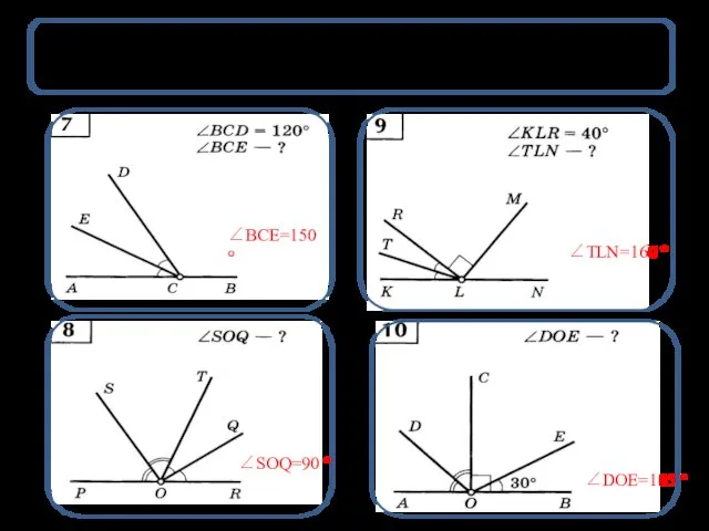 Решаем устно ∠BCE=150 ° ∠SOQ=90 ° ∠TLN=160 ° ∠DOE=105 °