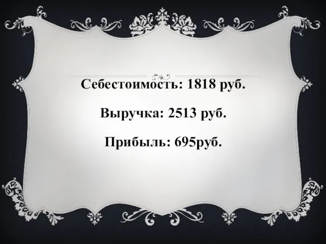 Себестоимость: 1818 руб. Выручка: 2513 руб. Прибыль: 695руб.