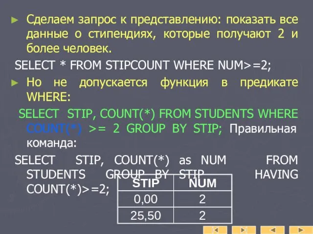 Сделаем запрос к представлению: показать все данные о стипендиях, которые